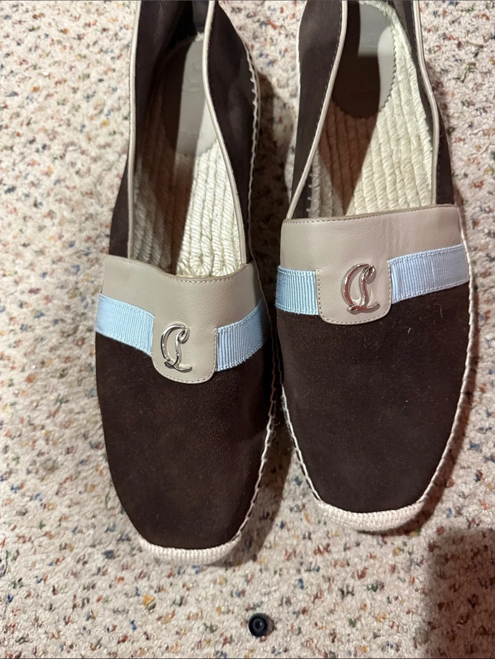 Christian Louboutin Brown Suede Loafers with Light Blue Ribbon and Cream Trim